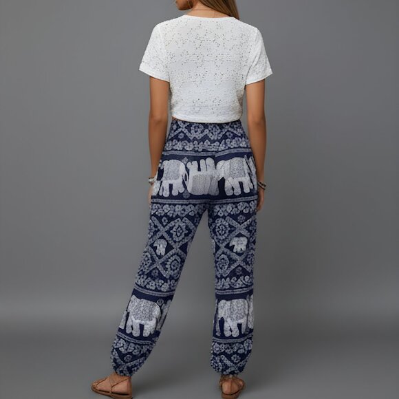 Boho Elephant Print Carrot Pants Blue - Picture 3 of 5